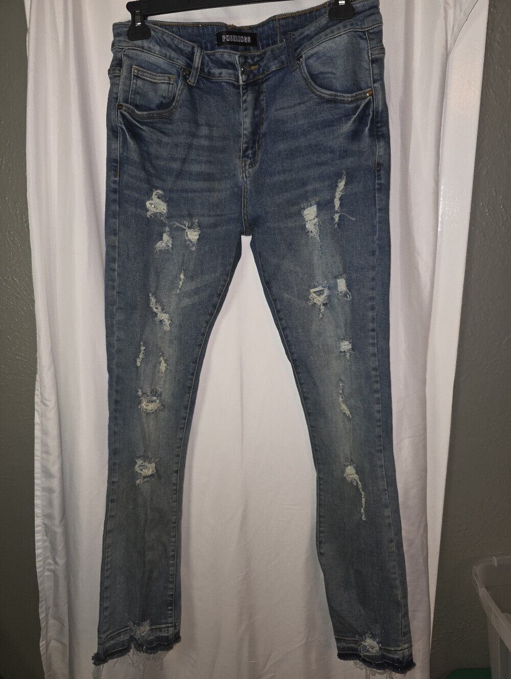 Pheelings Unisex Distressed Skinny Jeans Blue Denim Frayed Hem Size 36